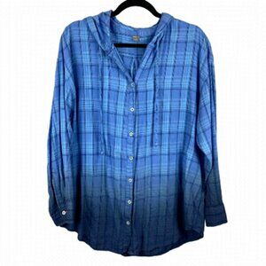 AERIE Blue?Plaid Ombre Oversized Hooded Button Down Shirt Large